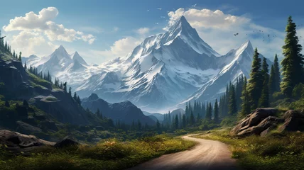 Deurstickers A mesmerizing HD image featuring a road leading to a majestic mountain, capturing the essence of the journey through scenic landscapes and the grandeur of nature. © Zeeshan Qazi