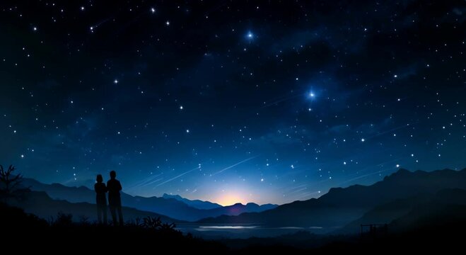 A couple stands and watches a meteor shower in the starry night sky over a mountainous region. The concept of astrology
