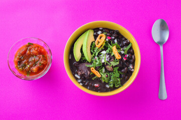 Frijol con puerco - imágenes, fotografías de comida yucateca tradicional, cocina maya ancestral a base de frijol negro y distintos ingredientes cilantro, rábano, cebolla, chile en fondo de color. © PedroFrancisco