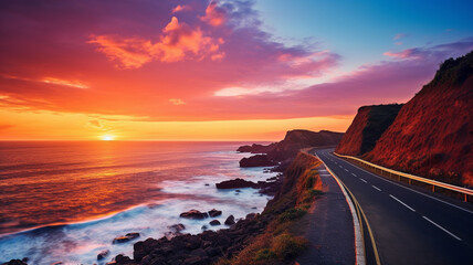 A mesmerizing HD image featuring a highway landscape at a colorful sunset, with the road leading to the sea, presenting a breathtaking and serene natural view.