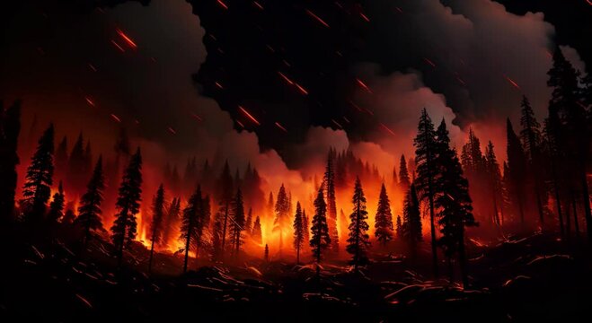 A night-time forest fire with bright flames and sparks flying in the dark sky gives the impression of a nocturnal blaze. The concept of climate change
