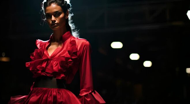 A young woman in an elegant red dress with voluminous sleeves and ruffles is standing in dramatic lighting on the catwalk.