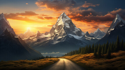 A mesmerizing HD image featuring a road leading to a majestic mountain, capturing the essence of...