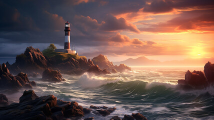 A mesmerizing HD image featuring the majestic presence of a stunning lighthouse on the rocky seaside, its architectural elegance complementing the natural coastal surroundings. - obrazy, fototapety, plakaty