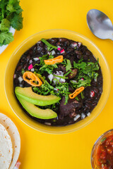 Frijol con puerco - imágenes, fotografías de comida yucateca tradicional, cocina maya ancestral a base de frijol negro y distintos ingredientes cilantro, rábano, cebolla, chile en fondo de color. © PedroFrancisco