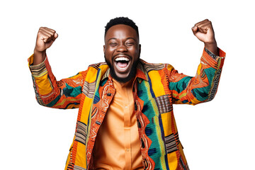 African man holds fist up. Smiling. fashion clothes. white background PNG - obrazy, fototapety, plakaty