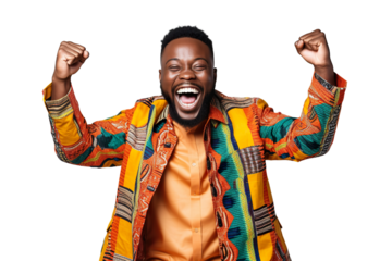 African man holds fist up. Smiling. fashion clothes. white background PNG