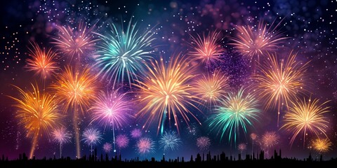 Fototapeta na wymiar Fireworks background. Colorful firework on black background. Fireworks New Year's Eve background.