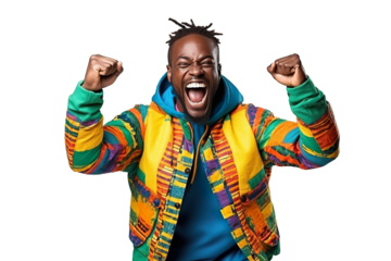 African man holds fist up. Smiling. fashion clothes. white background PNG
