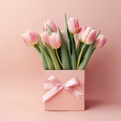 Pink Tulips Erupting from a Gift Box, Perfect for Mother's Day and Spring Celebrations, greeting card, template, space to copy, empty space for text, for events, advertisement, engagement, bridal show
