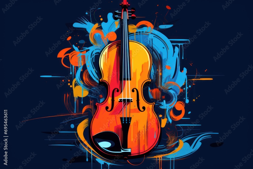 Poster a violin on a blue background with a splash of paint on the bottom and bottom of the violin on the b