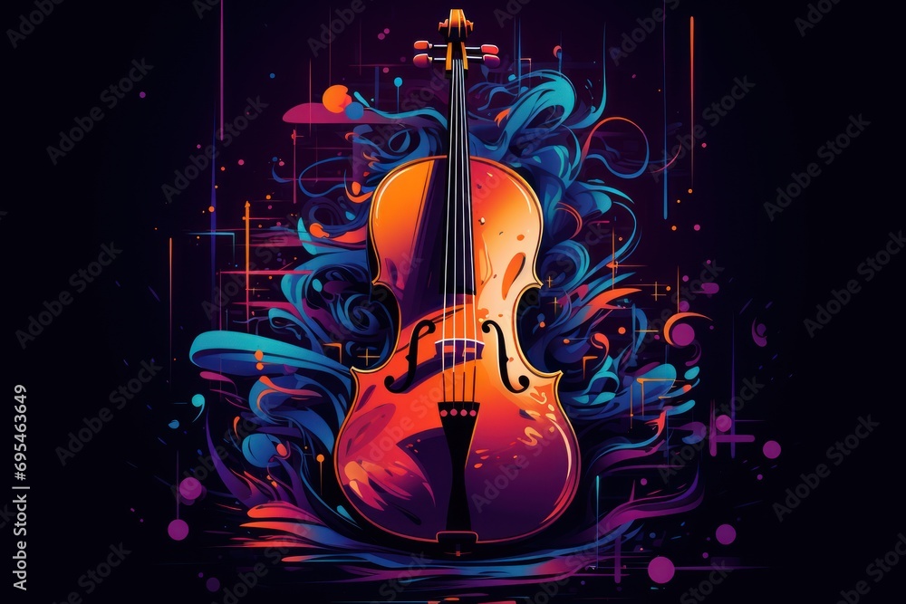Poster a violin on a dark background with a splash of paint on the bottom of the violin, and a splash of pa