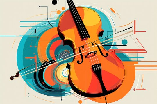  a drawing of a violin on a white background with a blue, orange and yellow circle in the middle of the image and a black and white violin on the right side of the.