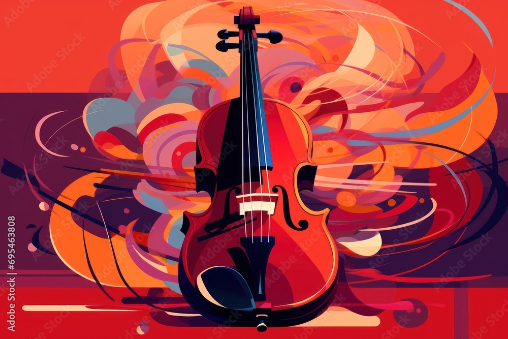 Poster a close up of a violin on a red background with swirls and swirls around the violin and the violin i
