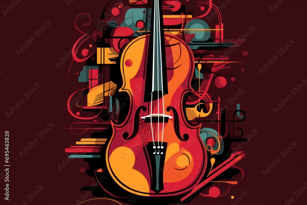 Poster a drawing of a violin on a red background with a swirly design on the front of the violin and the ba