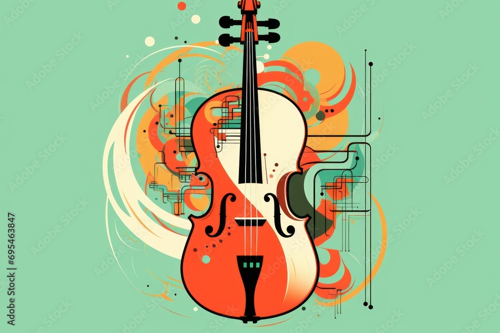 Poster a violin on a green background with a swirly design on the front and back of the violin on the back 