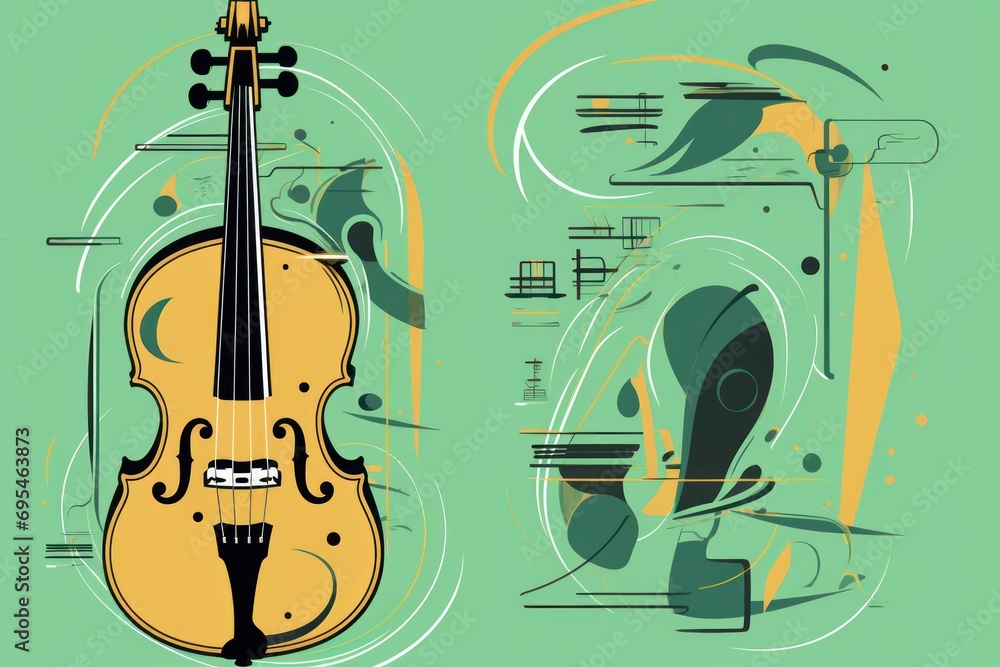 Poster a violin sitting on top of a table next to a piece of paper with a picture of a violin on top of a t