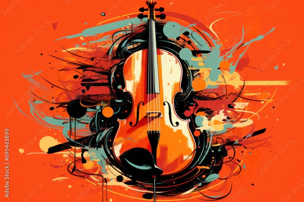 Poster a violin on an orange background with a splash of paint splattered on the bottom of the violin and t