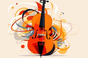  a violin sitting on top of a table next to an orange and white swirly design on the back of the violin, with a white background of orange and black swirls and white circles.