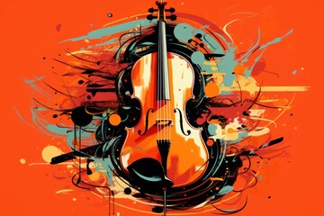  a violin on an orange background with a splash of paint splattered on the bottom of the violin and the bottom of the violin in the middle of the frame.