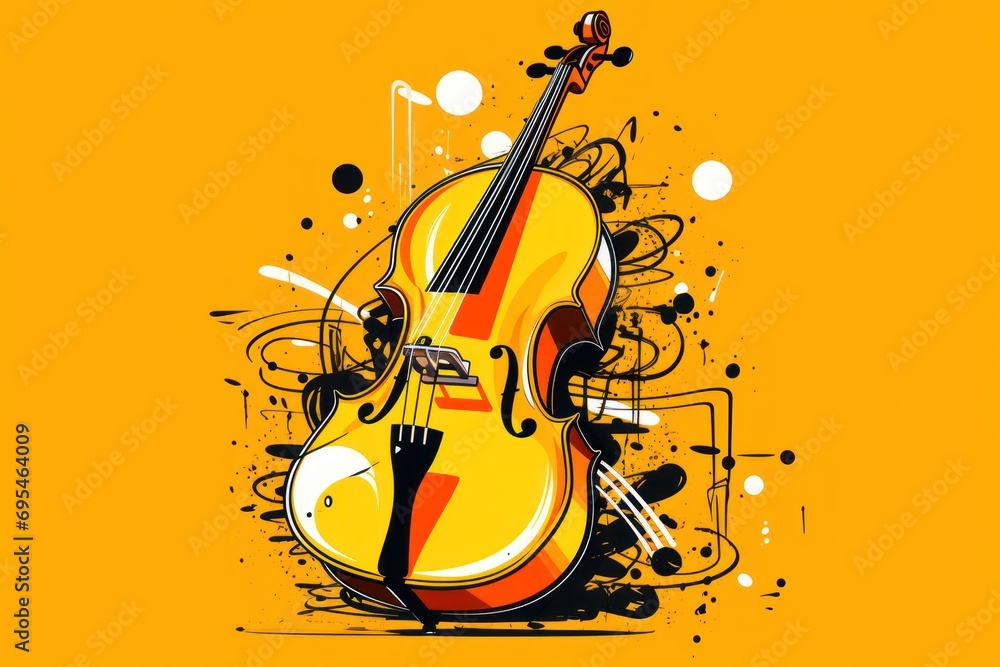 Aufkleber a violin on a yellow background with a splash of paint on the bottom of the violin and the bottom of