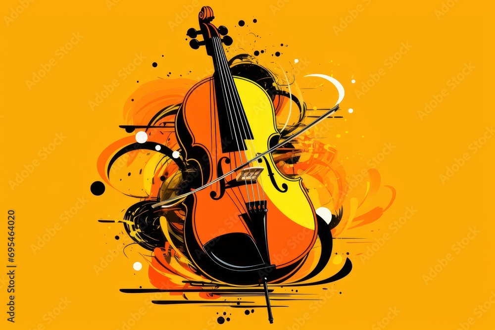 Poster a violin on a yellow background with a splash of paint on the bottom of the violin and the bottom of