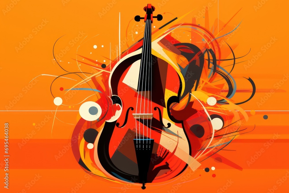Poster a violin on an orange background with swirls and circles in the shape of an abstract design on the f