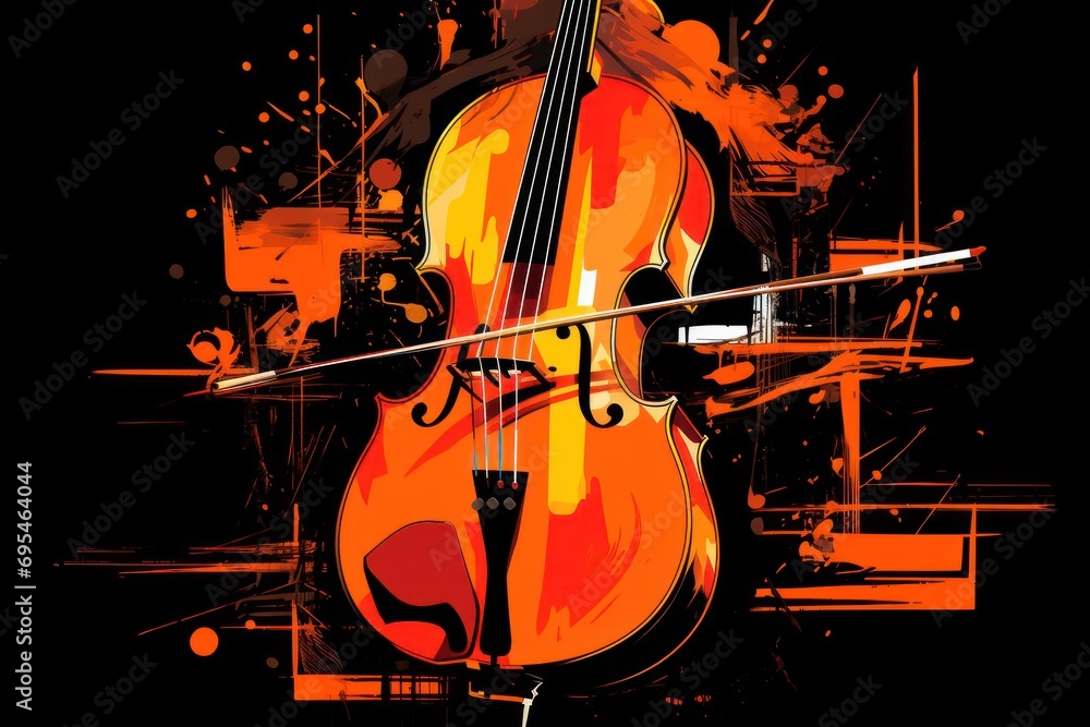Poster a painting of a cello on a black background with a splash of paint on the bottom half of the cello a