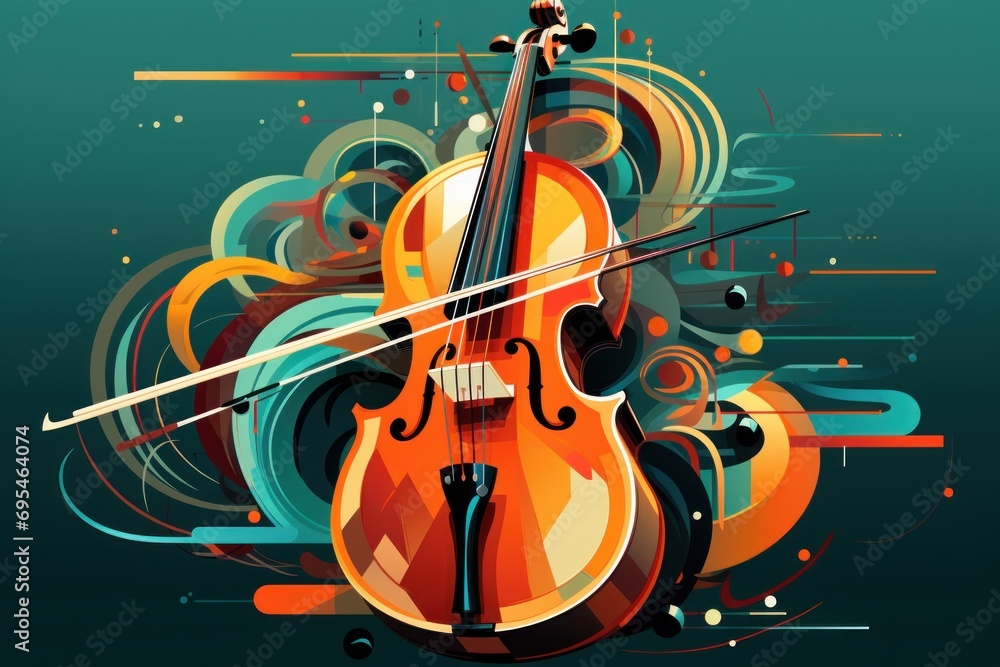 Poster a violin with a long neck and a bow on a green background with swirls and circles around it and a bl