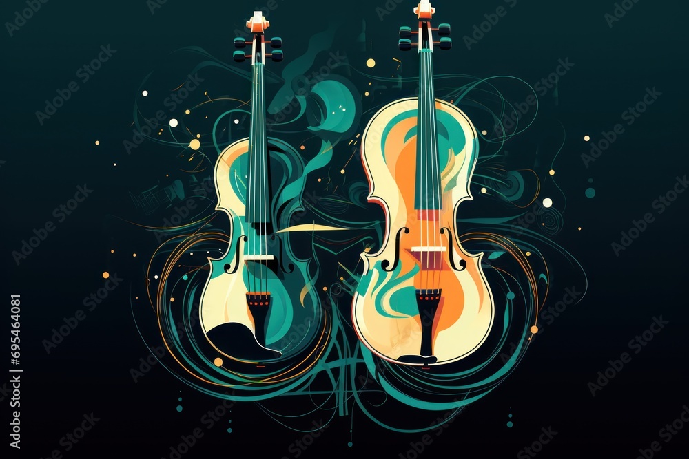 Poster two violin's on a black background with a splash of paint on the bottom of the violin and the string