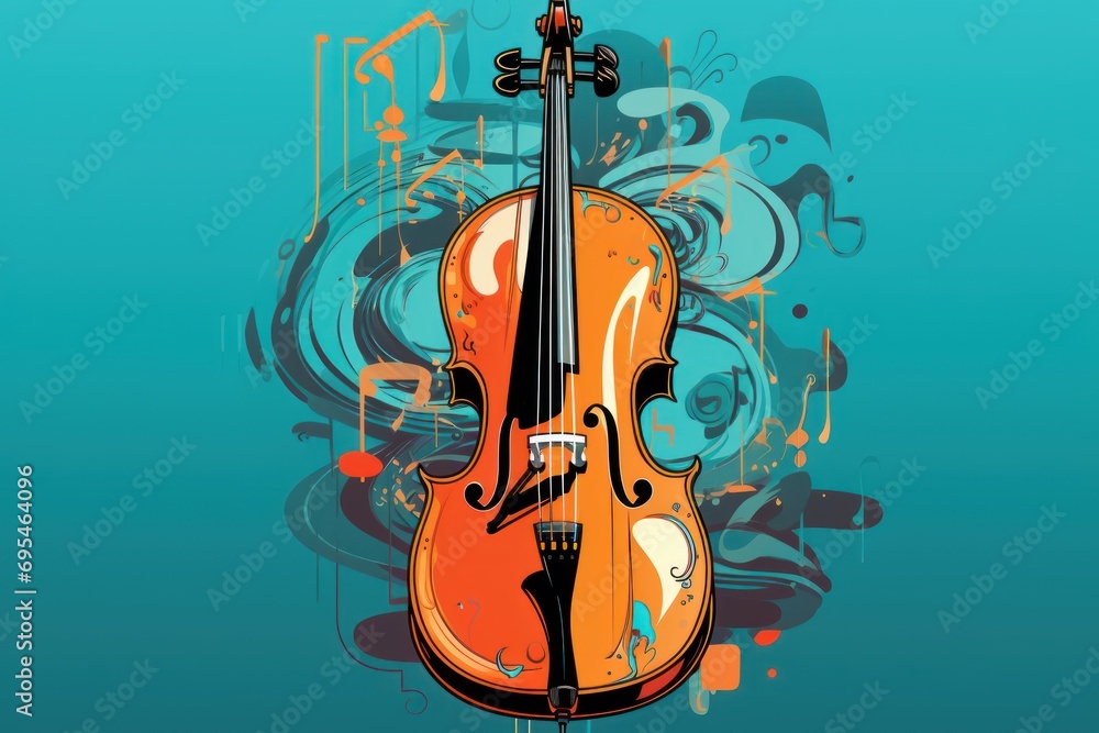 Poster a violin on a blue background with a splash of paint splattered on the bottom of the violin and the 