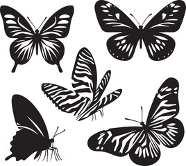 Silhouette Solid Vector Icon Set Of butterflies, Moth, Lepidopteran, Insect, Papillon.