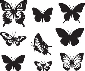 Silhouette Solid Vector Icon Set Of butterflies, Moth, Lepidopteran, Insect, Papillon.