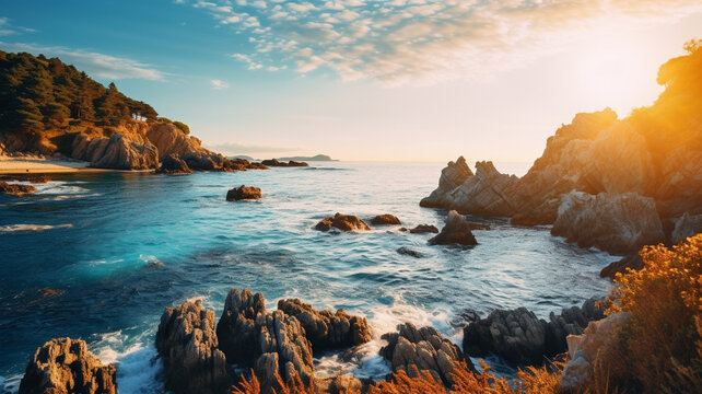 A mesmerizing HD image showcasing a sea coast after sunrise, with rocks, inviting blue water, and a radiant sunny sky, creating an enchanting natural seasonal summer hipster background.