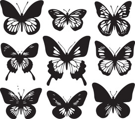 Silhouette Solid Vector Icon Set Of butterflies, Moth, Lepidopteran, Insect, Papillon.