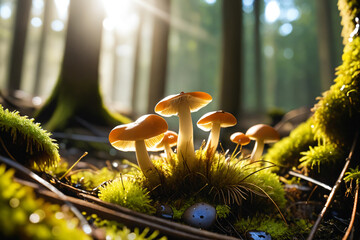 Mushrooms growing in the forest on mossy ground with sunligh - obrazy, fototapety, plakaty