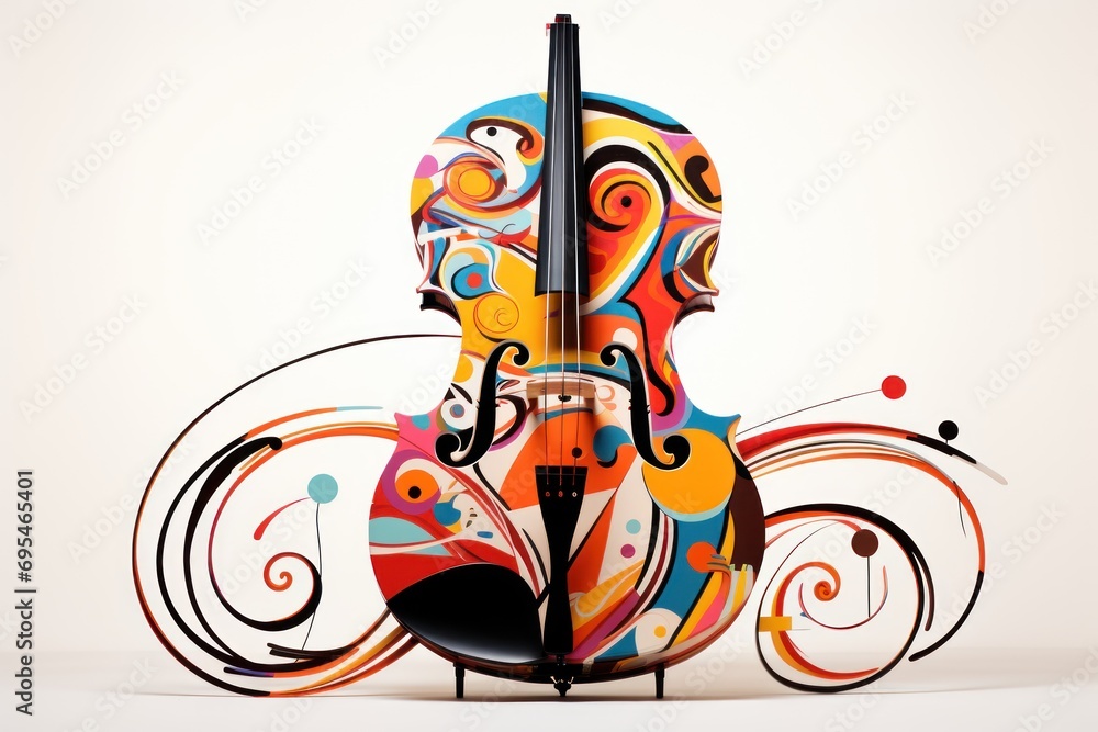 Poster a colorful violin on a white background with swirls and dots on the bottom of the violin and bottom 
