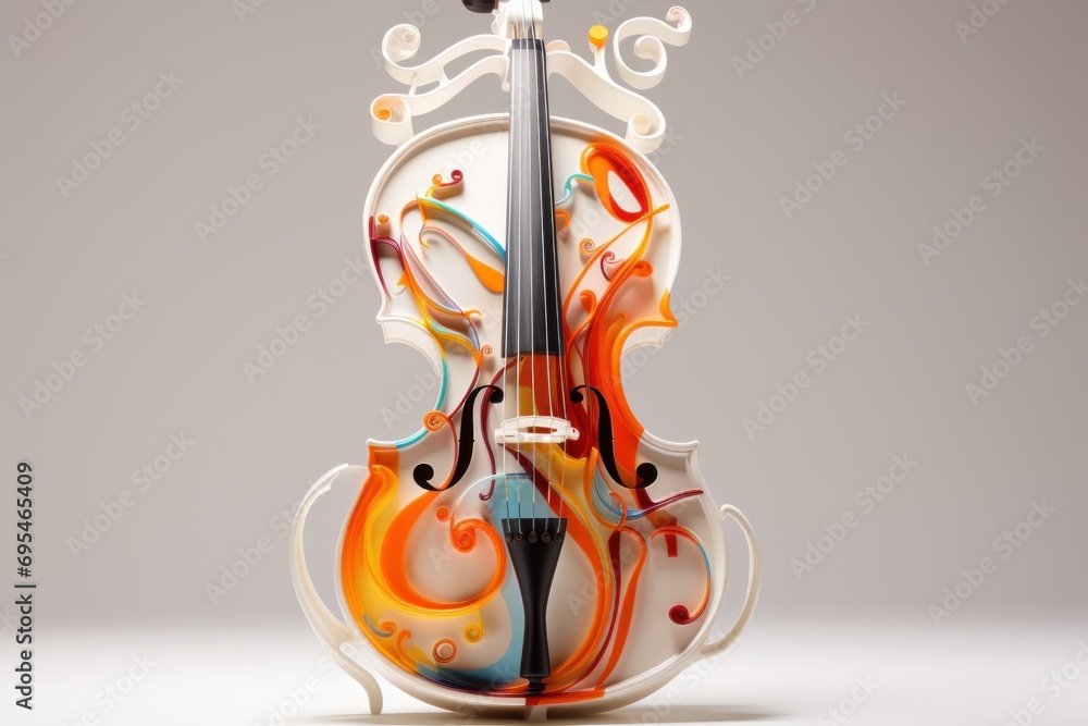 Poster a colorful violin sitting on top of a white table next to a black and orange object with swirls on t