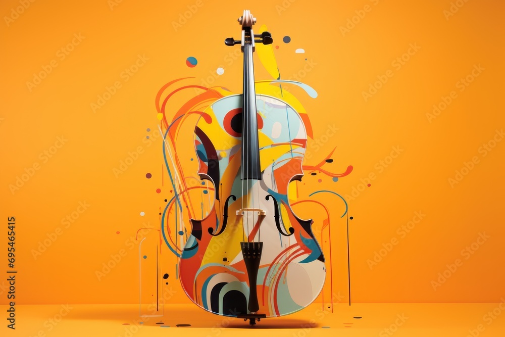 Poster a violin on a yellow background with a splash of paint on the bottom of the violin and the bottom of