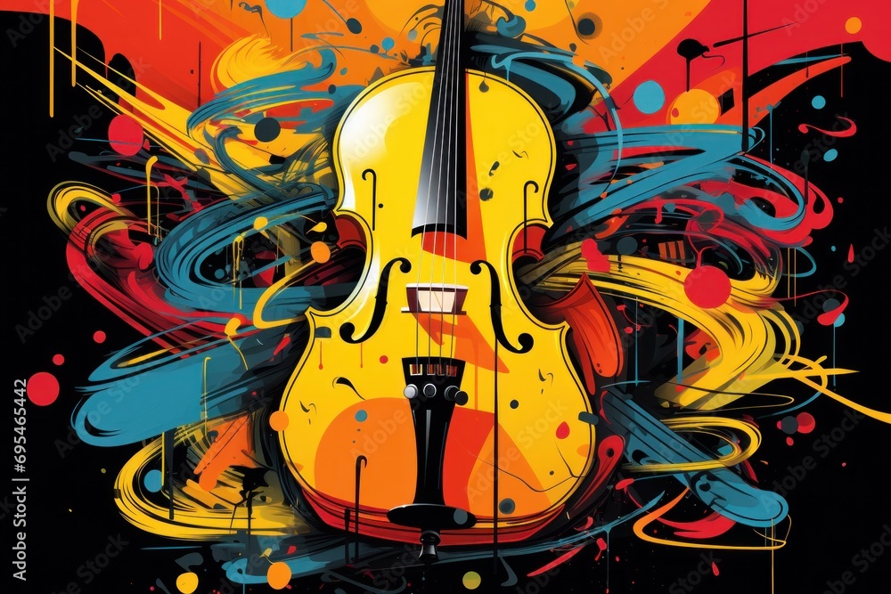 Poster a painting of a violin on a black background with a splash of paint on the bottom of the violin and 