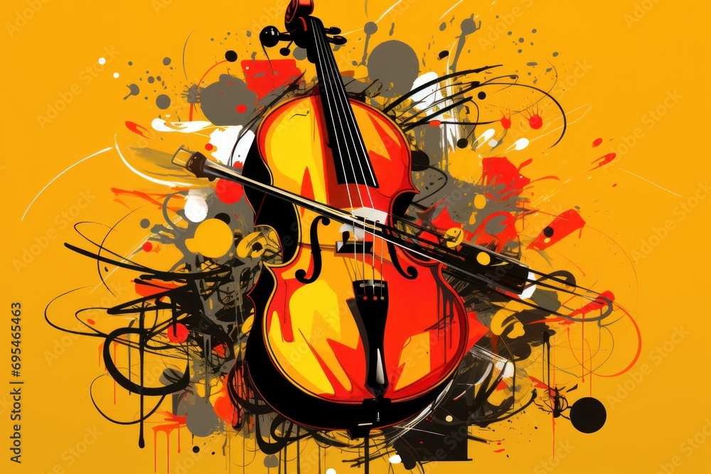 Poster a painting of a violin on a yellow background with black and red paint splatters on the bottom of th