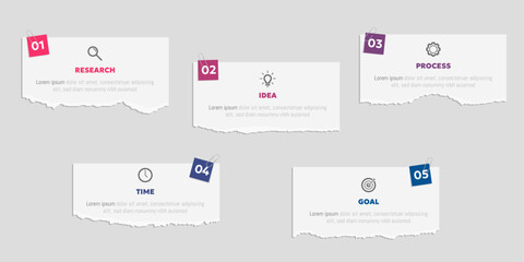 Vector illustration paper cut note infographic template with 5 options or step icons.
