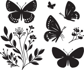 Silhouette Solid Vector Icon Set Of butterflies, Moth, Lepidopteran, Insect, Papillon.