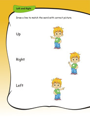 Match words with the correct pictures worksheets for kids. Right, Left and Up.