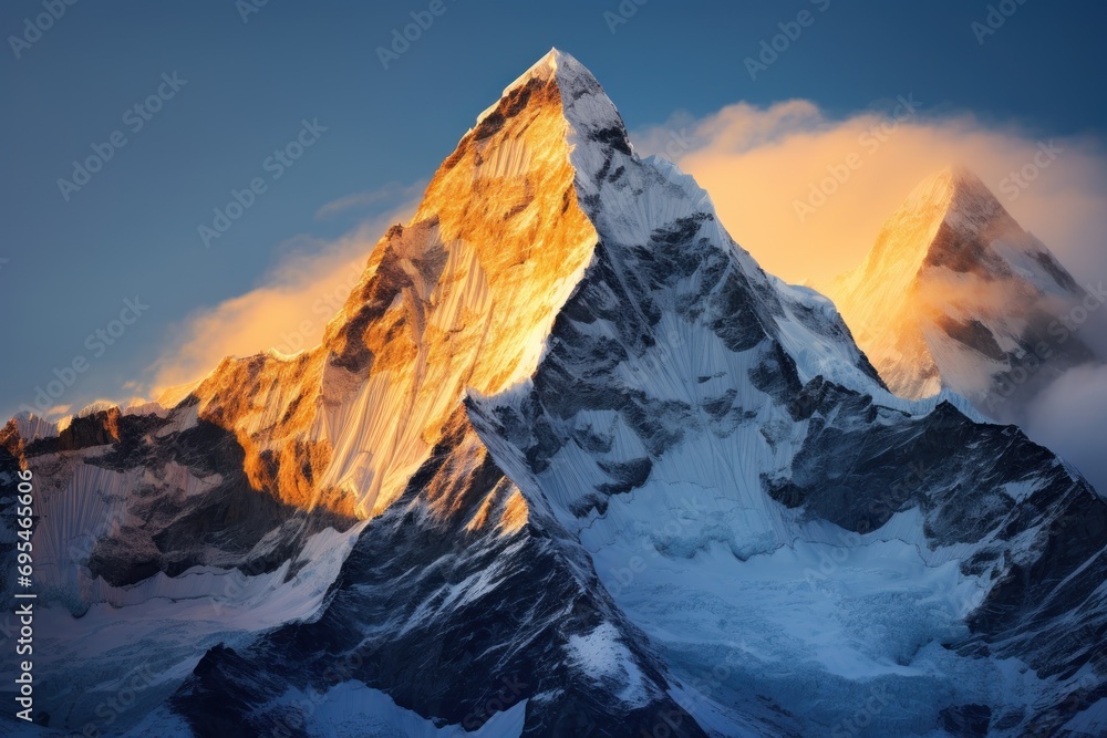 Poster the top of a mountain is illuminated by the sun's rays as it peeks out of the clouds in the foregrou