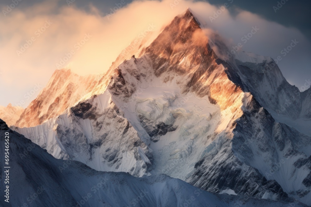 Poster the top of a snow covered mountain with a cloudy sky in the background and the sun shining on the to