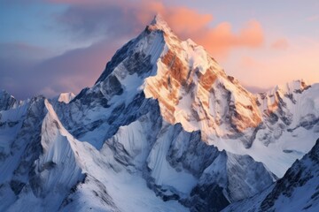  a very tall mountain covered in snow under a pink and blue sky with a few clouds in the sky and a few clouds in the sky with a few clouds in the top of the top of the top of the mountain.