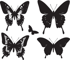 Silhouette Solid Vector Icon Set Of butterflies, Moth, Lepidopteran, Insect, Papillon.