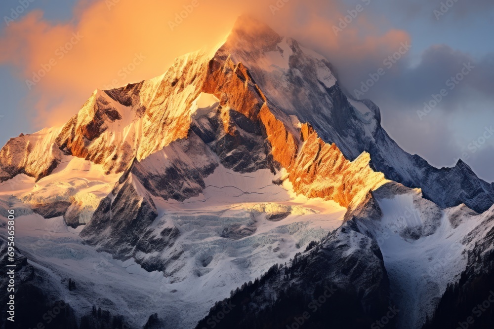 Aufkleber the top of a mountain is illuminated by the sun's rays as it peeks out of the clouds over the top of