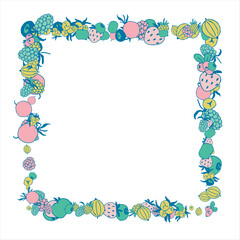 Frame of bright juicy berries. Frame with natural products. Empty space for text. Also can be used as banner, flyer, texture, poster. Hand drawing. Vector background. Illustration